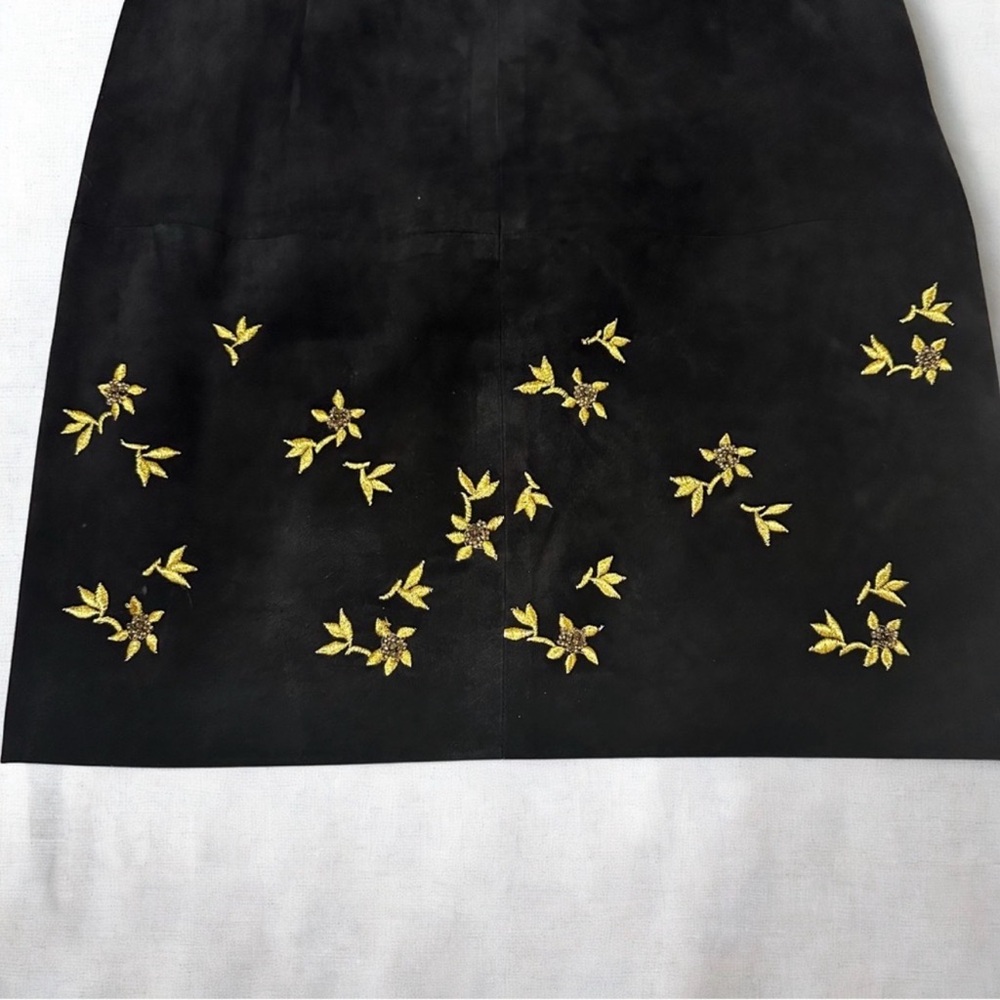 Vtg Black Suede Embroidered Skirt Suit Set Gold Floral Beaded 10 Gothic Romantic - Picture 9 of 13